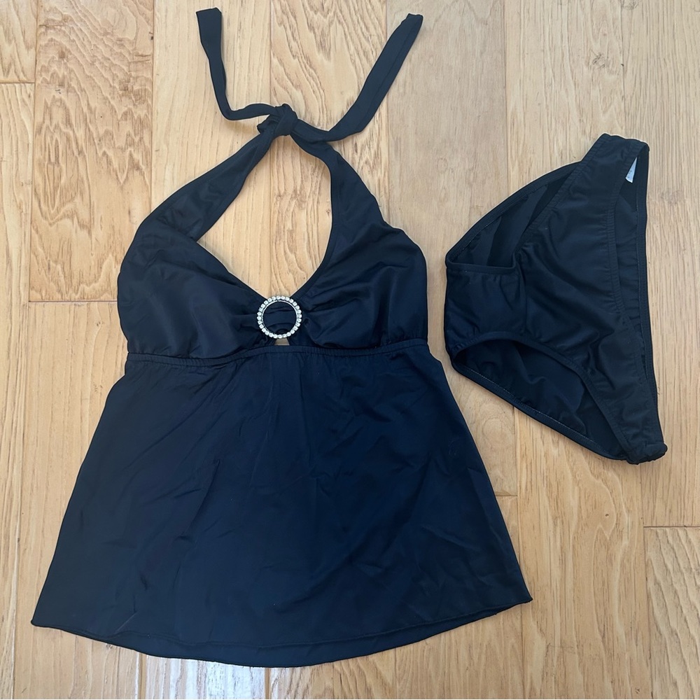 Prego Maternity Swimsuit in black with Rhinestone trim & bottoms Small 2 piece